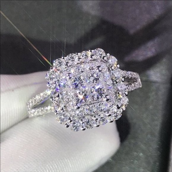 NEW💎925 Sterling Silver Diamond Halo Squar Ring - Picture 7 of 7